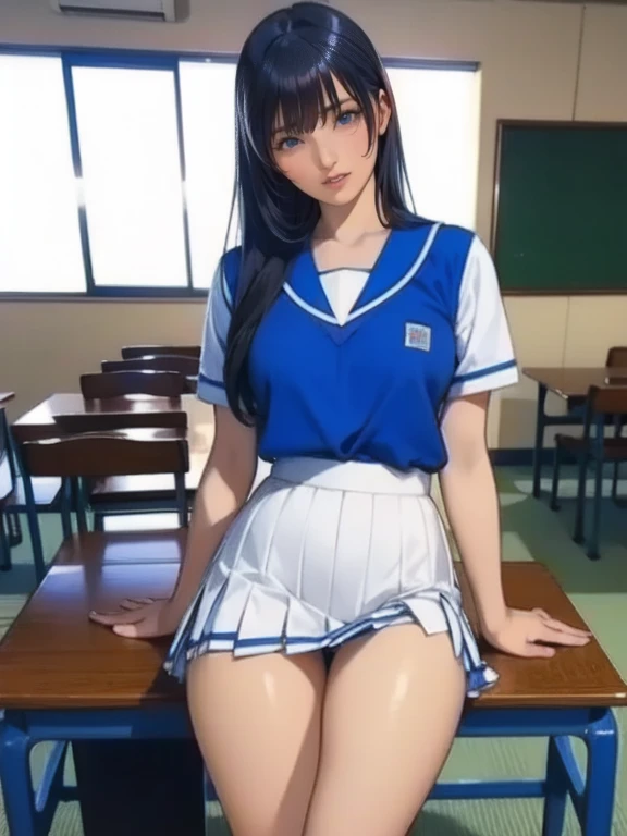  a blue Asian woman in a white uniform posing on a bench,    Japanese high school girl uniform  ,  Japanese School Uniform,  Japanese School Uniformを着ている,  the principal is wearing a uniform  , 超  REAL SCHOOLGIRLS  , a hyper  REAL SCHOOLGIRLS  ,   in a str...