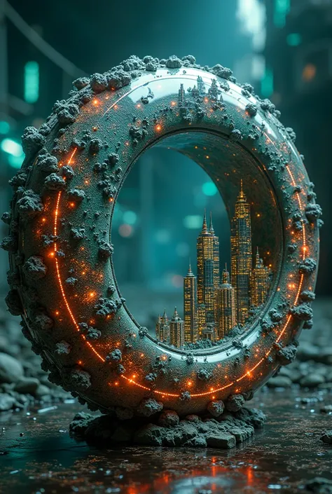 By Alexander Jansson and Android Jones | | A HUGE beautiful intricate resin ring with sci-fi LEDs, made of computer chips, an intricate sci-fi city is inside of it, on a huge cyberpunk background, intricate, hyperdetailed, beautiful