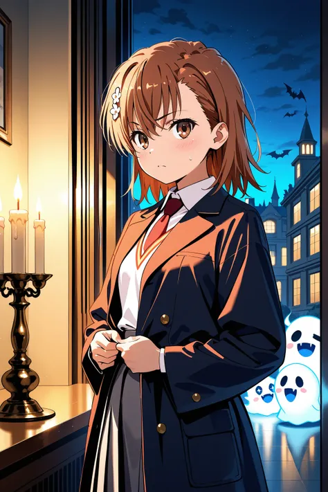 Rooms, ghost屋敷, vampire, Late Night, Western-style building, candle, ghost,  Japanese anime style, ( Misaka Mikoto), masterpiece:1.5, highest quality, UHD, retina, masterpiece, accurate anatomy, super detailed, high quality, best quality, 8k