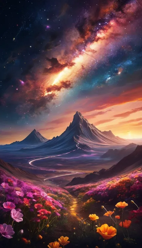 An award-winning photo of a galaxy, bathed in the warm glow of  sunset  ( sunset :1.2). lively, color, and full of life and different beings , using a high-resolution,  gives the futuristic environment a touch of natural beauty. Viele verschiedene Wesen la...