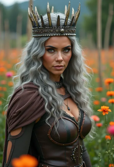 Picture of a beautiful still very young looking kim kardashian as a viking woman warrior she is 50 years old with long curly gray hair and hazel eyes, wearing a crown made of iron and human bones Standing in a flower field
