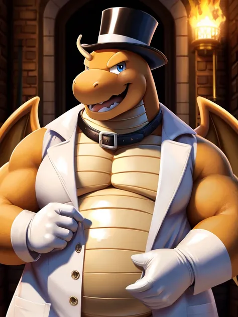 Solo, Male, close up, fat, musclegut, obese, steampunk, 1920s gentleman, dapper Dragonite, tilting head down, blue eyes, wearing a big leather collar around his neck, (soft shading), 4k, hi res, ((detailed face, detailed)), looking at viewer, evil grin, co...