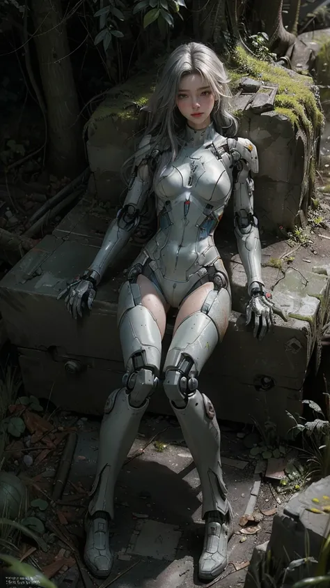 ((masterpiece, highest quality, Highest image quality, High resolution, photorealistic, Raw photo, 8K)), Abandoned robot soldier on battlefield, broken and immobile, rust and moss showing passage of time, female cyborg body, female body, biomechanical , ex...