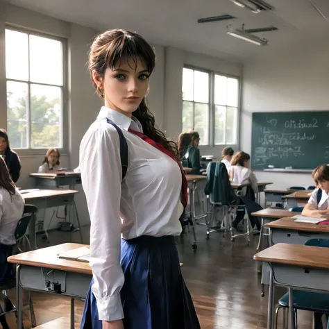 a beautiful girl in an evangelion school uniform, standing with her back turned, looking over her shoulder, in a detailed classroom setting, masterpiece, high quality, solo, (best quality, 8k, hyper-detailed, photorealistic:1.37), anime style, vibrant colo...