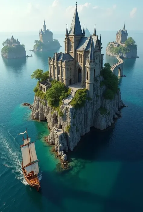 5 flying island, stone gothic bridges, middle of the sea, clear sky, 1 gothic temple, in the style of Elden Ring, stone houses on the other islands, a boat next to an island, top view, medieval, chivalery, in the air, caravel