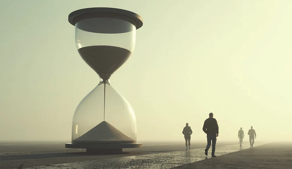 A giant hourglass in the foreground,  with the sand slowly falling .  in the background ,  people running in slow motion ,  representing the transience of time .

 emotion: Urgency and reflection .