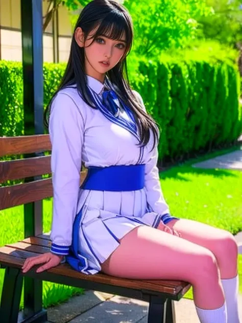  a blue Asian woman in a white uniform posing on a bench,    Japanese high school girl uniform  ,  Japanese School Uniform,  Japanese School Uniformを着ている,  the principal is wearing a uniform  , 超  REAL SCHOOLGIRLS  , a hyper  REAL SCHOOLGIRLS  ,   in a str...