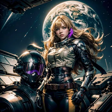 yangxiaolong, yang xiao long, long hair, blonde hair, large breasts, (purple eyes:1.3), ahoge, bangs, BREAK wearing a military power suit, mechanical arms, single mechanical arm, prosthesis, prosthetic arm, BREAK night, stars, standing with black haired co...