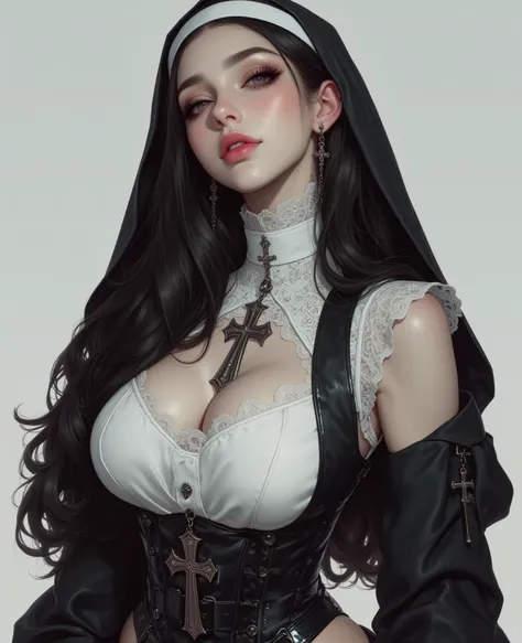 This is a highly detailed, digital illustration of a young woman in a provocative nun costume, created in a hyper-realistic, photorealistic style. The subject is a fair-skinned woman with a pale complexion, long, wavy black hair peeking out from beneath a ...