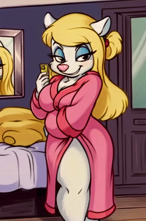 1girl, MinervaMinkCzar,(furry, furry female, full body), (animal ears, long tail, blonde tail, snout, swept bangs, long hair, blonde hair, makeup, black eyes, blue eyeshadow), (pink robe, fur trim \(clothing\), on front, holding phone, talking on phone, on...