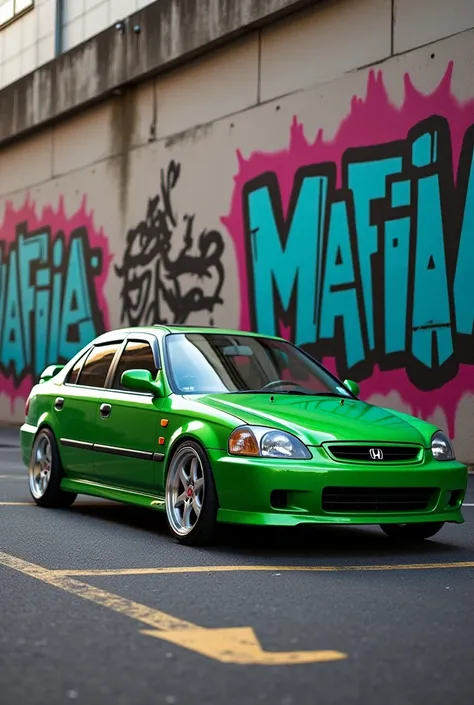 Honda civic sedan 1999 color green low rims stripes in white, In a parking lot with a graffiti wall with the word Mafia Tokyo that stands out 