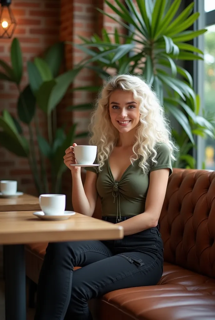  blurry effect a vintage coffee shop with wooden tables and brown leather sofa,  Brick walls ,many tropical plants , sitting dynamic pose on the couch , Perfect woman unique beauty, Smile,natural,attractive,sensual, gray eyes, marked jaw, curly platinum bl...