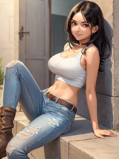 (Masterpiece, Best Quality, extremely detailed, 1 girl, Alone), girl, Indian woman, medium black hair, medium breasts, opened white jacket, gray tank-top, jeans and brown leather boots, Slim and toned body, looking at the viewer, smiling
