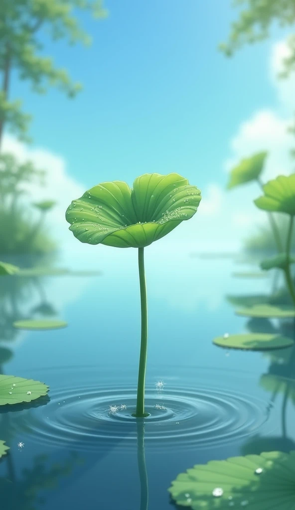 An anime style, a young lotus plant has just emerged from the water, sprouting from a seed after a period of germination. Its slender, fresh green stem rises delicately, supporting a single, small leaf that floats on the calm water’s surface. Soft light re...