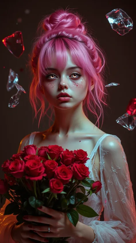 Portrait of a young woman with striking, intense pink hair styled in a loose, messy bun. She has an ethereal, melancholic expression with glowing red eyes and faintly glowing scars on her face, creating an otherworldly and dramatic look. She holds a bouque...