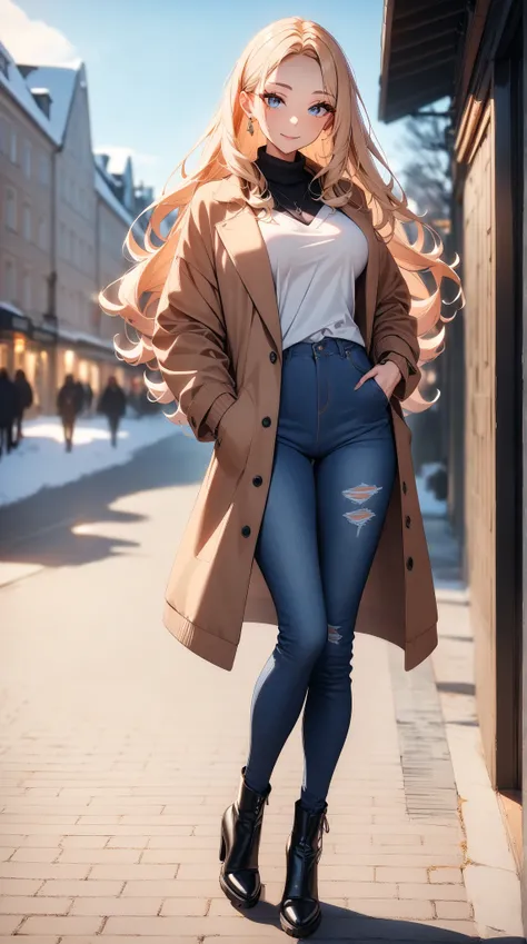 1girl, youthful female, scandinavian, dazzling eyes, lovely long hair, forehead, blue denim pants, casual winter outfit, winter footwear, medium breast, looking at viewer, outdoor setting in scandinavia, february, full body:1.3, Soft natural lighting, mast...