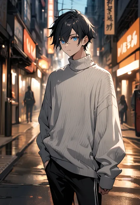 Male + black hair + blue eyes + white sweater + black trousers + solo + streets background