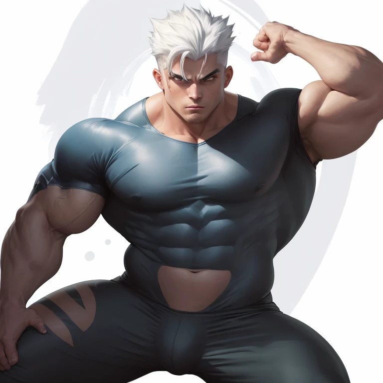 Danny Phantom, Villain Stance, locker room background, Tall anime man with green eyes, Threatening Posture, He has snow white hair, Danny Phantom as a dumb jock with hyper muscles, hyper crotch bulge, bro, IQ drain, dumber, big biceps, big triceps, big tra...