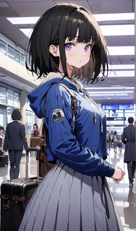 Takiuchikami,  check it out, long short hair , bob cut, bangs,   black hair,   purple eyes,Medium breast,Blue oversized hoodie , Long Sleeve, white long skirt, Bbo~, suitcases, standing,whole bodyがイラストに入る入るように,
break indoors,airport,lobby,
break looking at...