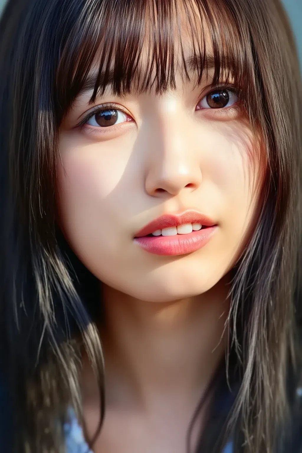 "Close-up portrait of an alluring Japanese woman with an elegant and seductive expression. She has long, dark, silky hair that cascades down her shoulders, and her almond-shaped eyes have a captivating, intense gaze. Her makeup is bold, with dark eyeliner,...