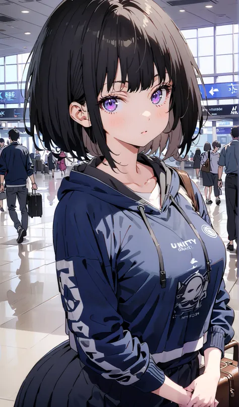 Takiuchikami,  check it out, long short hair , bob cut, bangs,   black hair,   purple eyes,Medium breast,Blue oversized hoodie , Long Sleeve, white long skirt, Bbo~, suitcases, standing,whole bodyがイラストに入る入るように,
break indoors,airport,lobby,
break looking at...