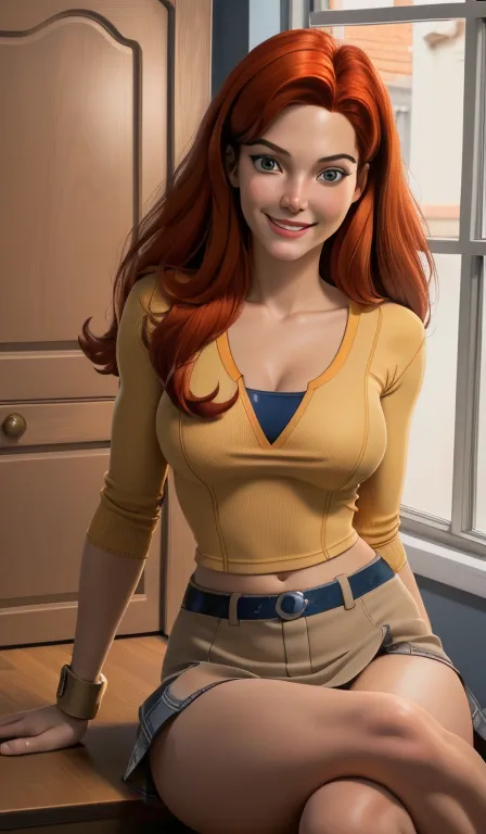 1girl in, age18, Jean Grey Waifu, photo of perfect woman, Jean Grey from X-Men, Solo, Aesthetic artwork, (long red hair, long hair, full waist length red hair), (clear skin, pale skin, large breasts, DD-cup, runners body, very thin waist, skinny, petite, d...