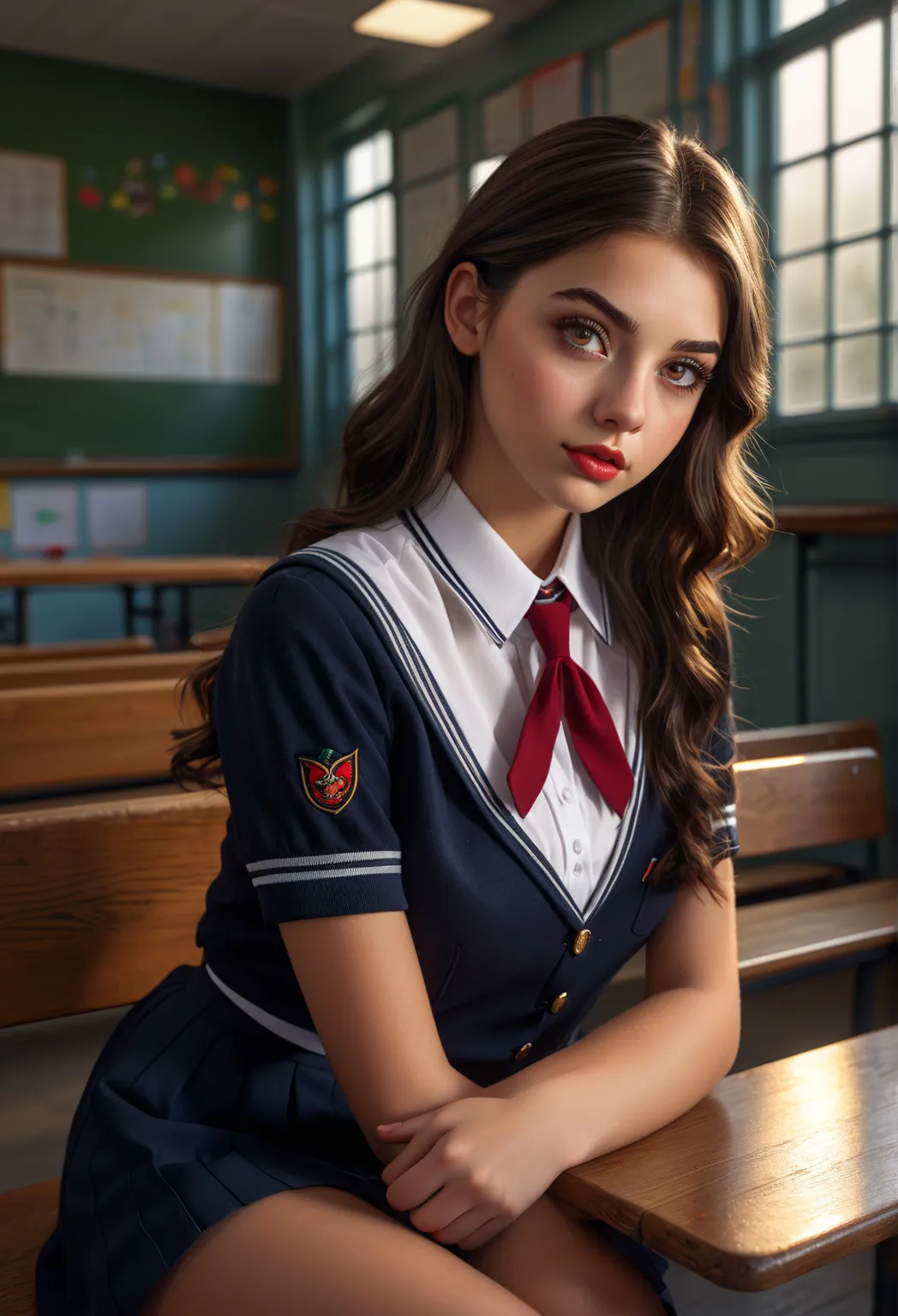 a brunette girl, amber eyes, beautiful detailed eyes, beautiful detailed lips, extremely detailed face, long eyelashes, school uniform, leaning against a bench, showing legs, classroom interior, warm lighting, photorealistic, 4k, highres, (best quality:1.4...