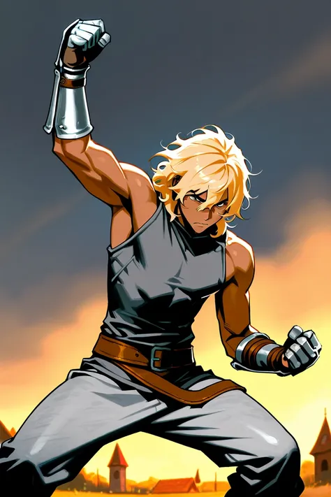 BEST QUALITY, ULTRA DETAILED, HIGH DEFINITION, ALONE, 1boy, slim, toned, blonde hair, short unruly hair, brown skin, gray pants, baggy pants, dark gray shirt, sleeveless, silver forearm guards, brown belt, holding two daggers, fighting pose. Background: in...