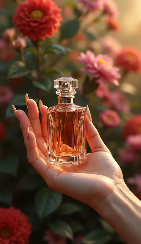 Create a realistic female hand with 5 fingers long almond-shaped elegant nails holding a luxury perfume bottle with a gorgeous floristic background
