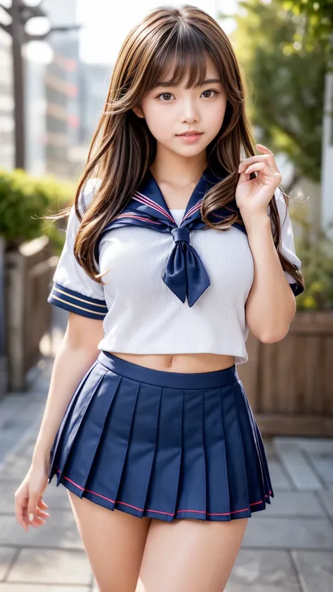 Product quality,(well-proportion:1.3),(Cowboy shot:1.3),((  thighs emphasized)),( young and beautiful Japanese woman),(Library Background),smile,((Japanese high school girl uniform sailor uniform:1.4)), red tie ,( shirt), blazer,Deep waistline((Navy blue u...