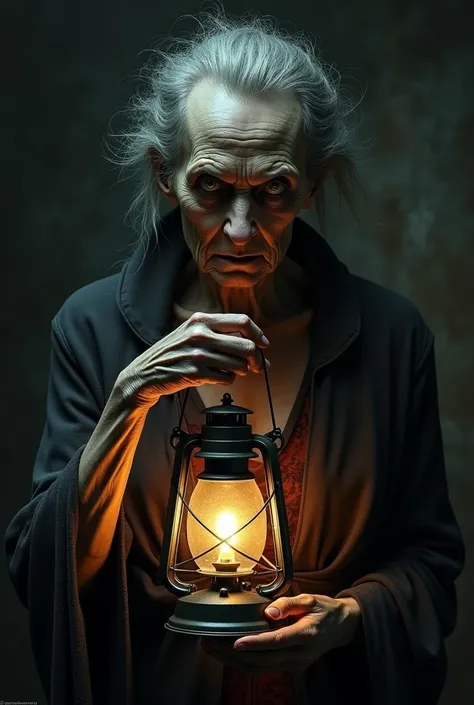 Scary old woman holding a lantern 