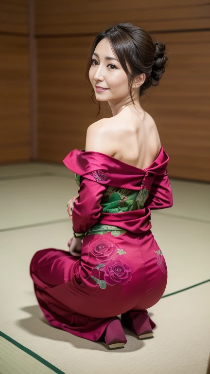 Photorealistic, beautiful Japanese female influencer. Brown hair bunched up and styled from behind. She wears an off-the-shoulder oiran costume. She has a tattoo of a rose on her shoulder. The tattoo is intricately designed in various shades of pink, red a...