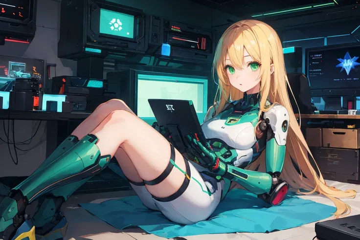 (Girl with long blonde hair, green eyes,) robot outfit, futristic sci-fi, detailed, in gamer mode, room game setting, playing pc