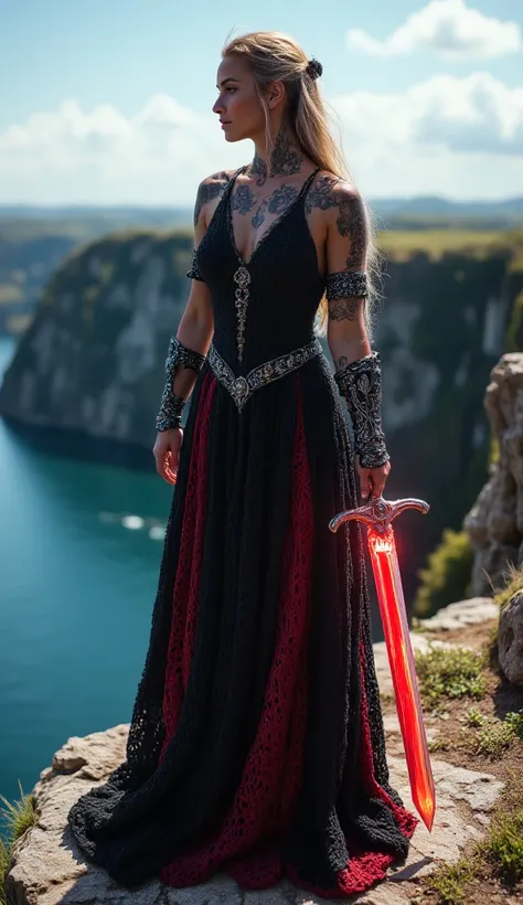 A stunning medieval female warrior standing on a rocky cliff during a bright, sunny day, with her full form clearly visible, including her legs. She is brightly lit, ensuring every detail of her is captured. She wears an elegant, crochet-made dress armor i...