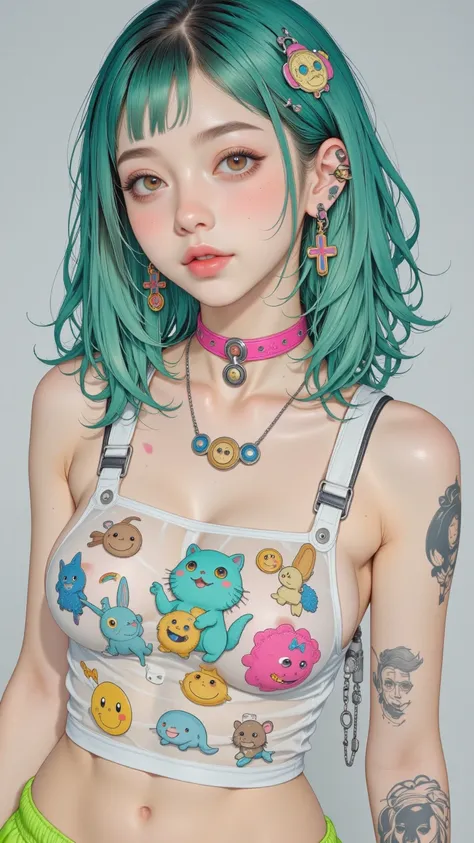 8k, masterpiece, highest quality, Korea's Beautiful Women, Close-up, teal hair, wavy, fair skin, neutral expression, transparent top, colorful stickers, smiley faces, animals, charms, square neckline, thin straps, pink necklace, tattoos, visible arms, midr...