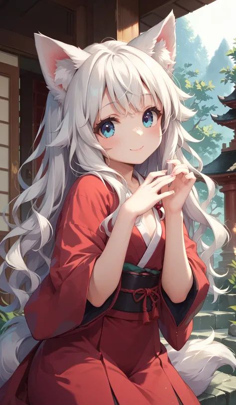 Very Small Very young wolf girl in a shrine maiden outfit acting cute at a shrine, Long wavy white hair with white wolf ears and a fluffy white tail.