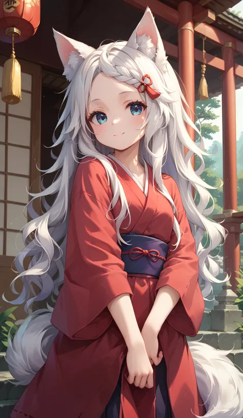 Very Small Very young wolf girl in a shrine maiden outfit acting cute at a shrine, Long wavy white hair with white wolf ears and a fluffy white tail.