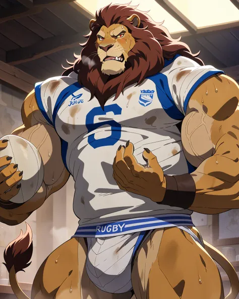 cel anime, 1man, look at me with a rutting face, (vulgarity), (Middle-aged lion beastman), dirty body, one lion's tail, (Stained and chunky jockstrap), (Dirty rugby uniforms), (panty shot), (Dimly lit rugby club room), Muscular, fulffy body, furry, very bu...