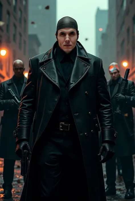 Create a photo of this guy as a gang boss wearing leather coat , holding pistol  and many guards with him 