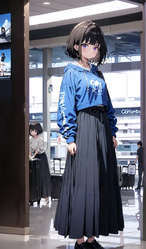 Takiuchikami,  check it out, long short hair , bob cut, bangs,   black hair,   purple eyes,Medium breast,Blue oversized hoodie , Long Sleeve, white long skirt, Bbo~, suitcases, standing,whole bodyがイラストに入る入るように,
break indoors,airport,lobby,
break looking at...