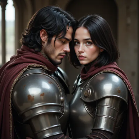 High resolution, masterpiece, photorealistic, a full armored 17-year-old pretty girl with black medium bob hair, brown eyes, round shape face, gentle look wearing a shiny medieval armour is hugging the prince with much sensual and orgasms:3.0 expression.