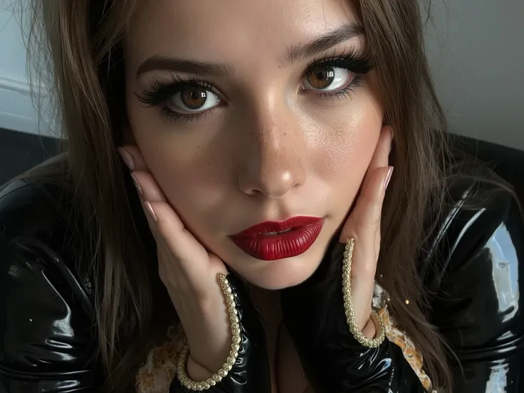 deep red lips, lip gloss, shiny lips, eyeliner flicks, thick eyeliner, latex catsuit fetish bodysuit rubber outfit, cute makeup, close up of face