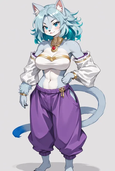 1girl, :3, animal ear fluff, animal ears, animal feet, animal nose, baggy pants, bandeau, bare shoulders, barefoot, blue eyes, blue hair, body fur, breasts, cat ears, cat girl, cat tail, character name, claws, cleavage, closed mouth, collarbone, colored ti...