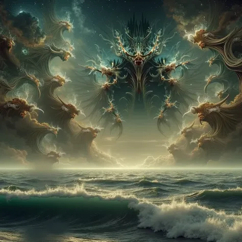  being a colossal alien coming out of the sea  ( the creature fills the entire scene , The being mixes with the clouds ,  the being has emerged from the cosmic horror and mixes fractal forms,  the creature has hundreds of horns in fractal forms 