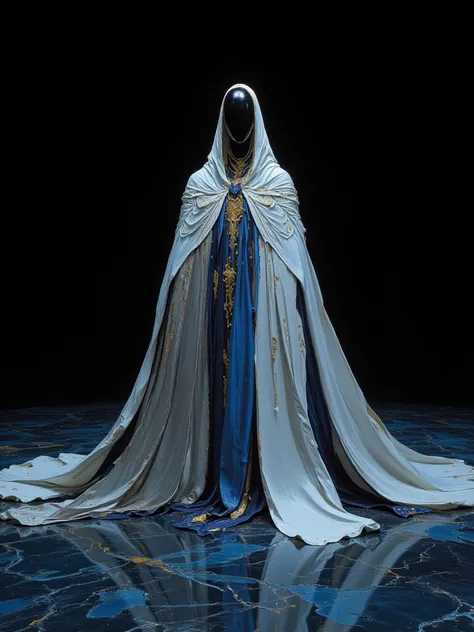 Full body of a faceless black marble head entity based theme on blue marble flat shiny surface, spread very long parts of the robe factory, completely black empty sky, universe, white long robe spread with blue and golden ornaments, stunning sci-fi backgro...