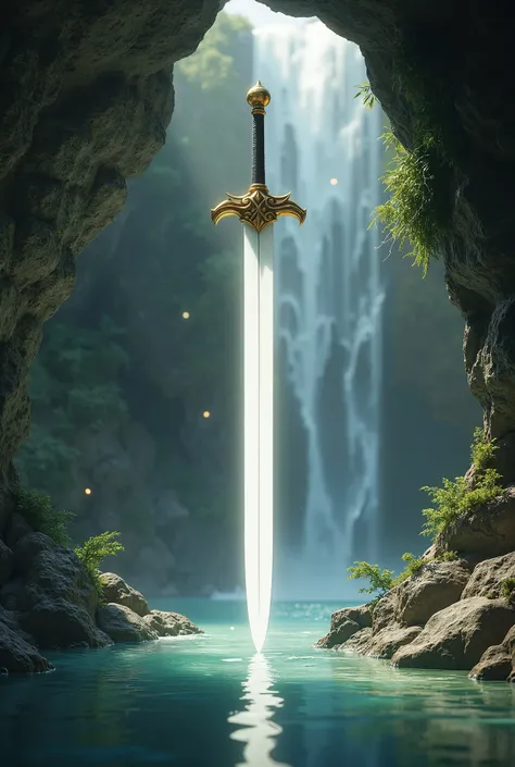 Longsword with a simple and plain gold handle and pristine white blade within a grotto by a waterfall.