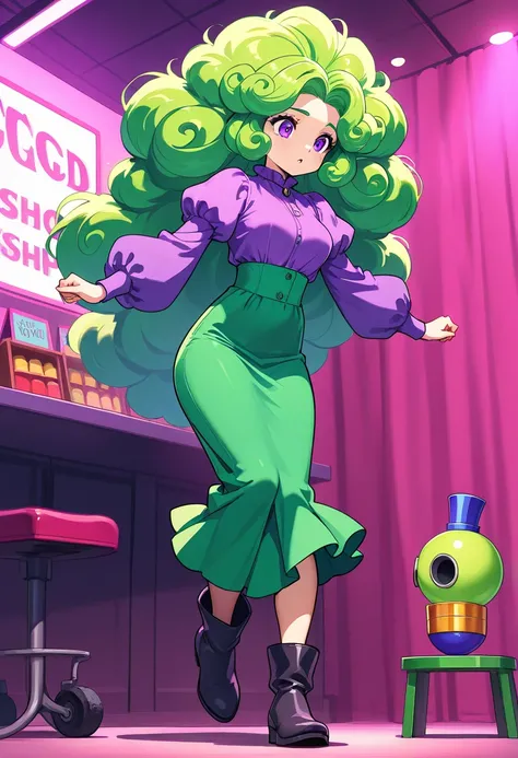 sex shop, 1girl , Vendor, \( cloud hair, big hair, floating hair, green hair, purple eyes, Purple blouse with puffed sleeves, Green high waist skirt , booties)
