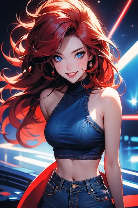 [masterpiece, 32k, 8k] provocative smile, red hair, deep blue eyes, beautiful face, provocative smile, party background, sexy smile, denim shorts and top, full breasts, flowing hair, cinema effect image