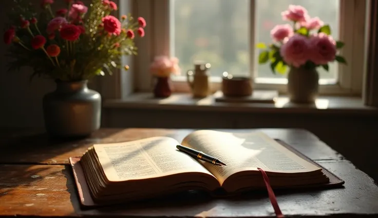 A realistic image high definition 8k of a vintage diary lying open on a wooden desk, with a fountain pen beside it. Through a nearby window, February sunlight illuminates a vase with fresh flowers on a rustic table. The scene suggests warmth and nostalgia