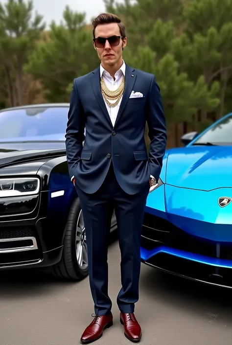 Create a photo of this guy wearing luxury clothes and gold necklace standing between his black rolls royce cullinan and his blue lamborghini aventador 